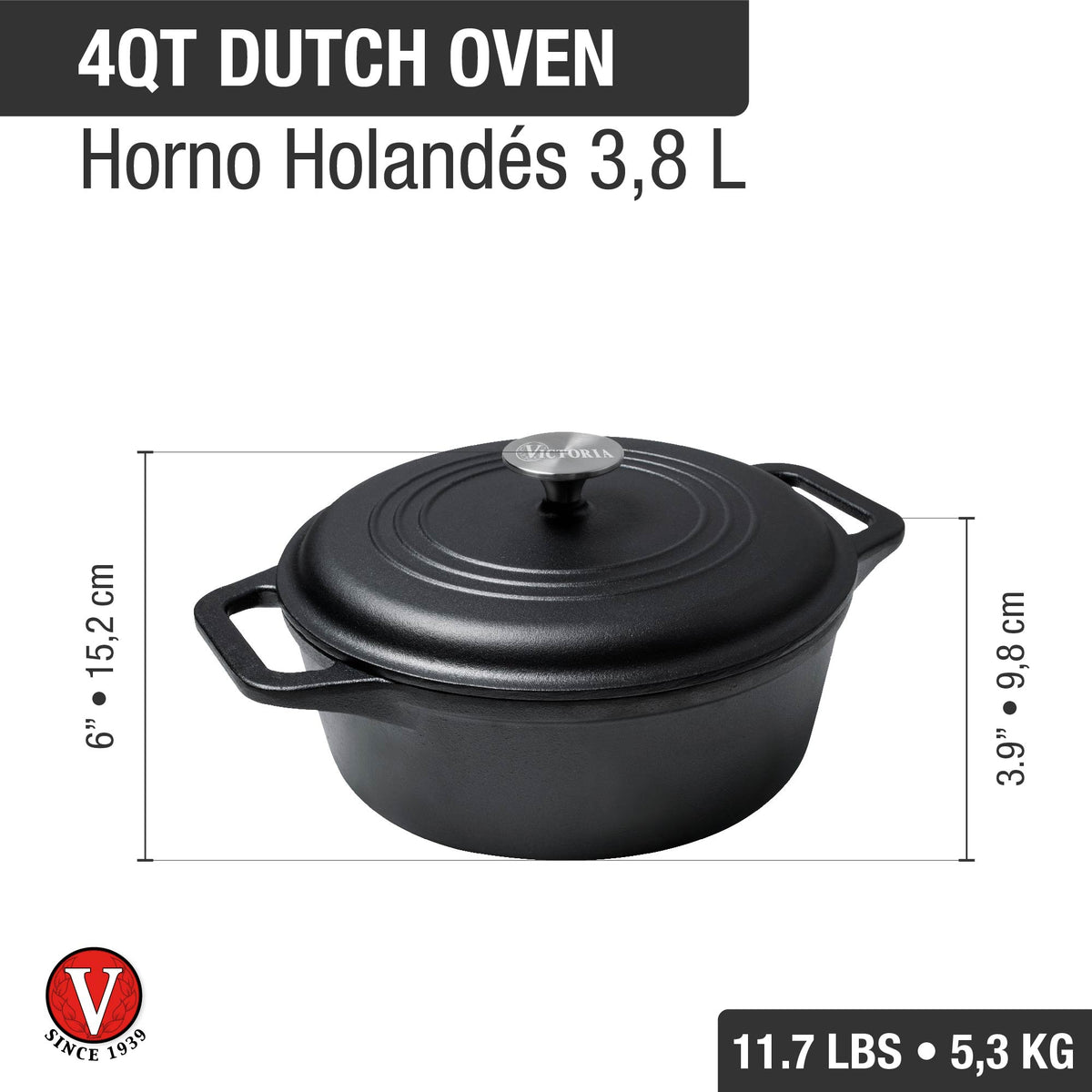 4 QT Cast Iron Dutch Oven with Lid