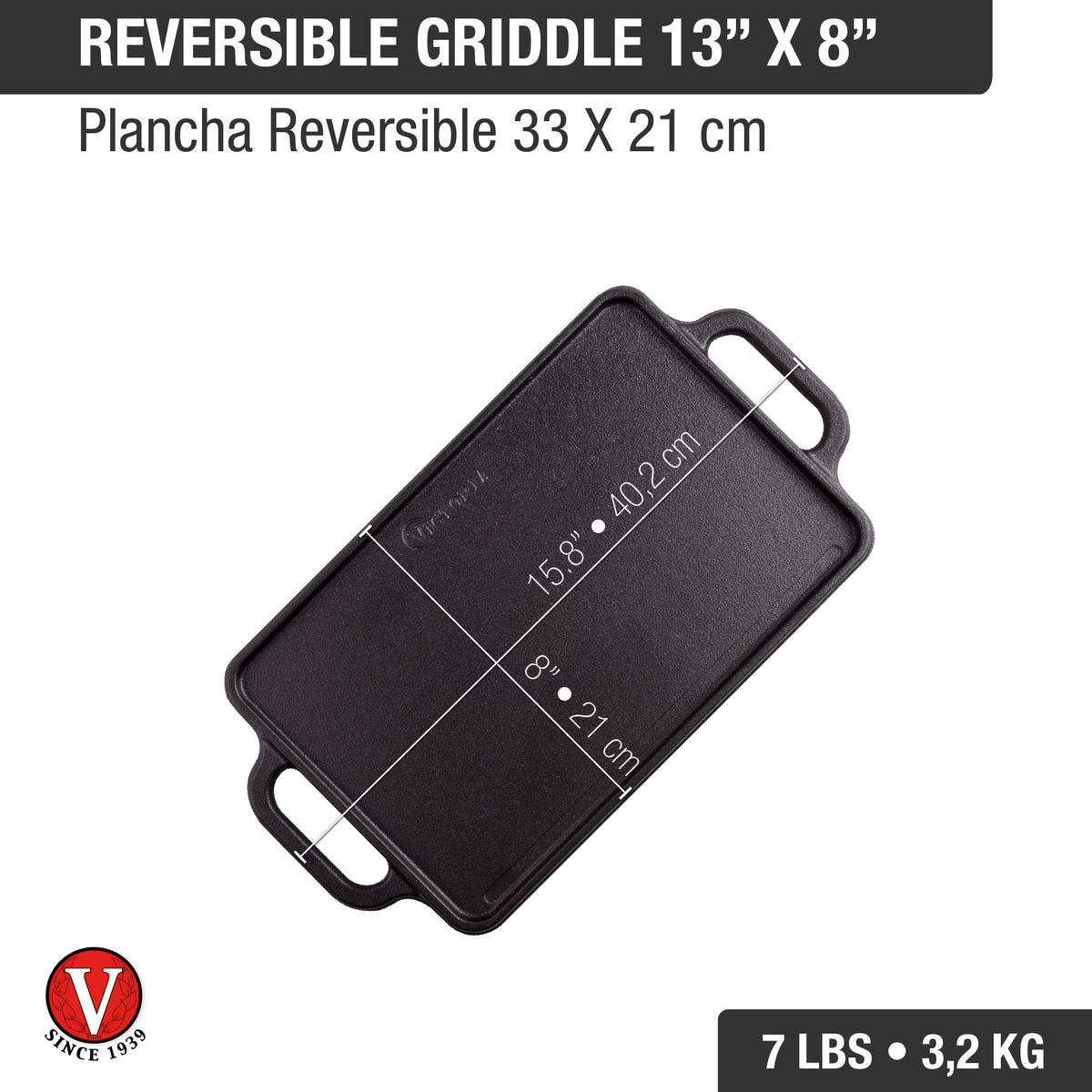 Rectangular Cast Iron Reversible Griddle – 13” x 8.5”, Dual Handle