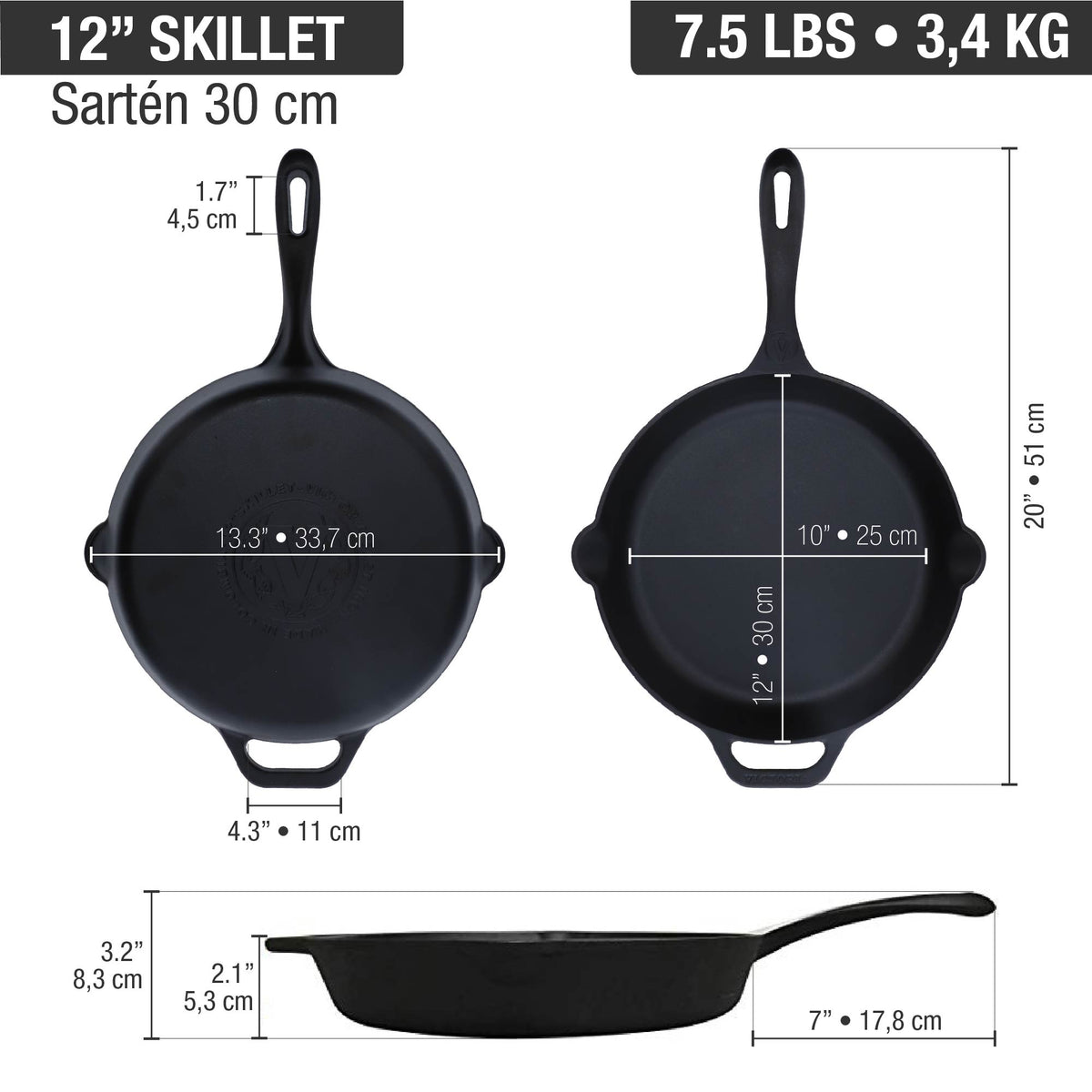 12-Inch Cast Iron Skillet Set with Tempered Glass Lid, Large Handle Cover, and Pan Scraper