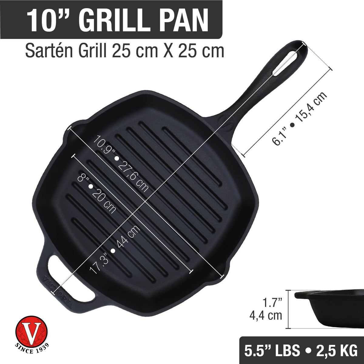 Square Cast Iron Grill Pan 10in x 10in