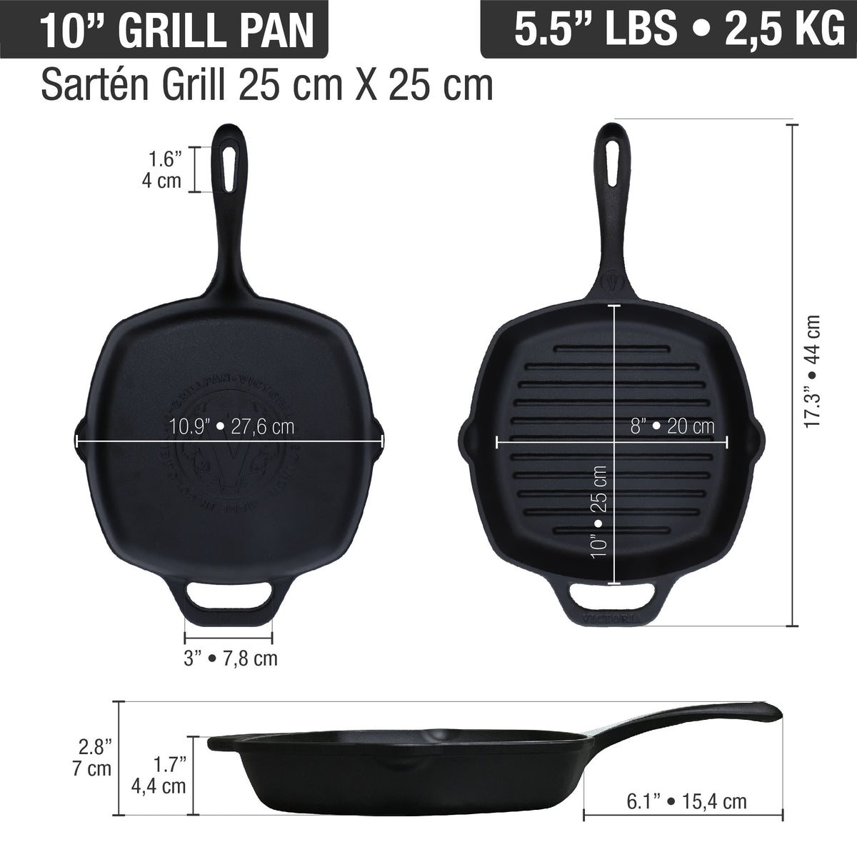 Square Cast Iron Grill Pan 10in x 10in